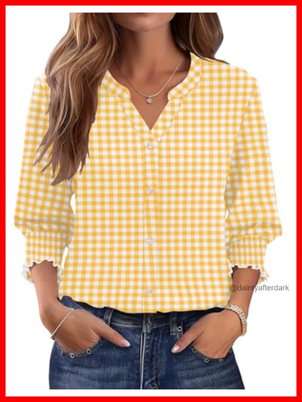 Womens Button Down Shirt 3/4 Sleeve V-Neck Smocked Cuff Blouse Business Casual